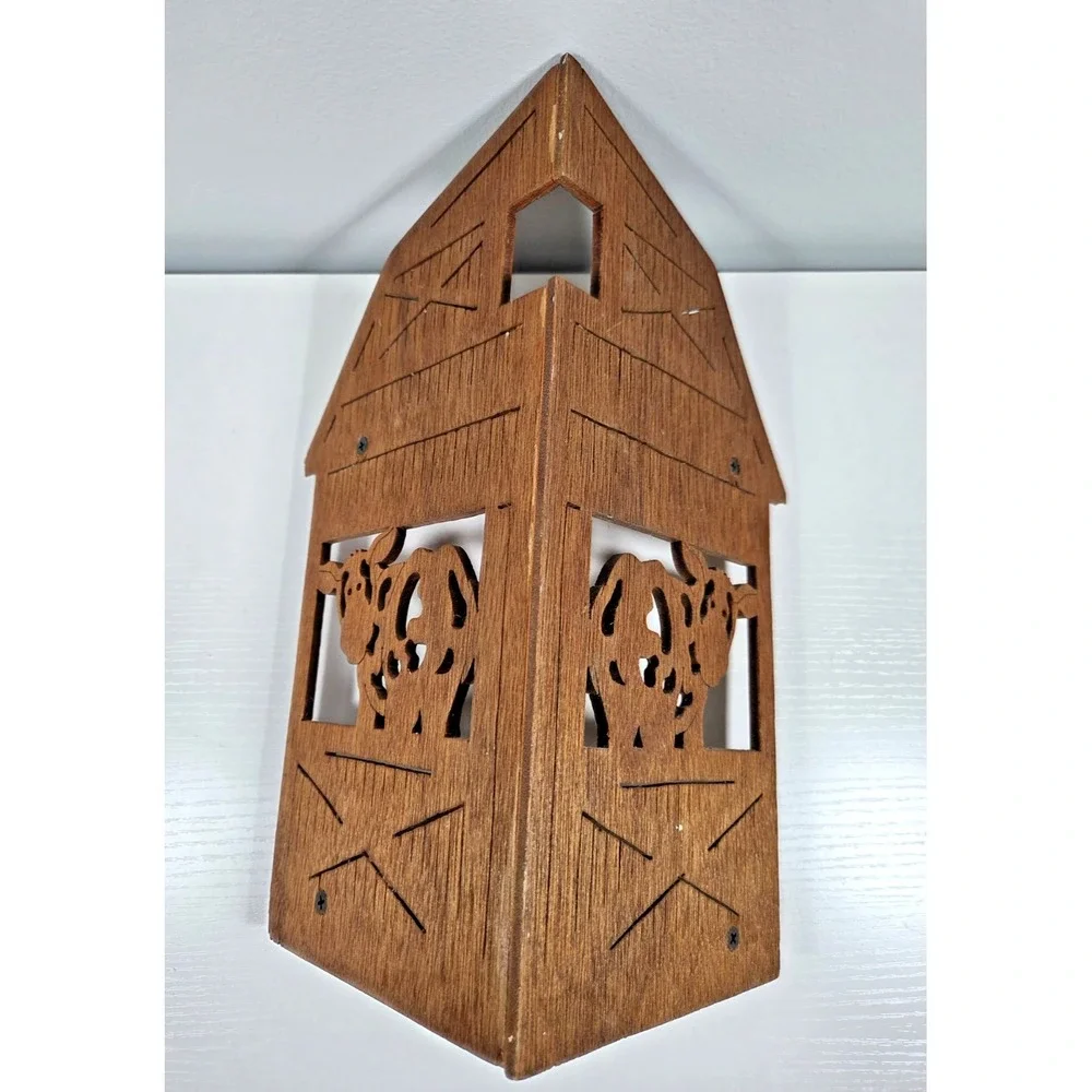 Vintage Hand Carved Wooden Small Barn Corner Shelf W/Decorative Cows Rustic